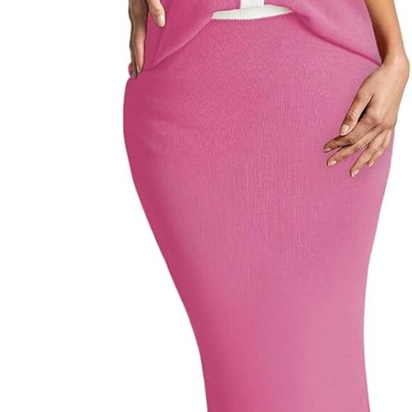 Women's Summer 2 Piece Outfit Set Linen V Neck Top High Waist Slit Skirt - Picture 1 of 9